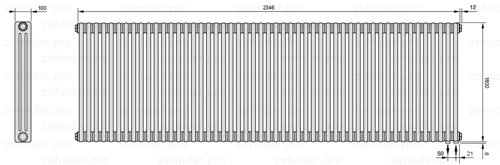 Схема (чертеж) Радиатор Zehnder Charleston 3180/51 №5510 Белый глянцевый RAL 9016